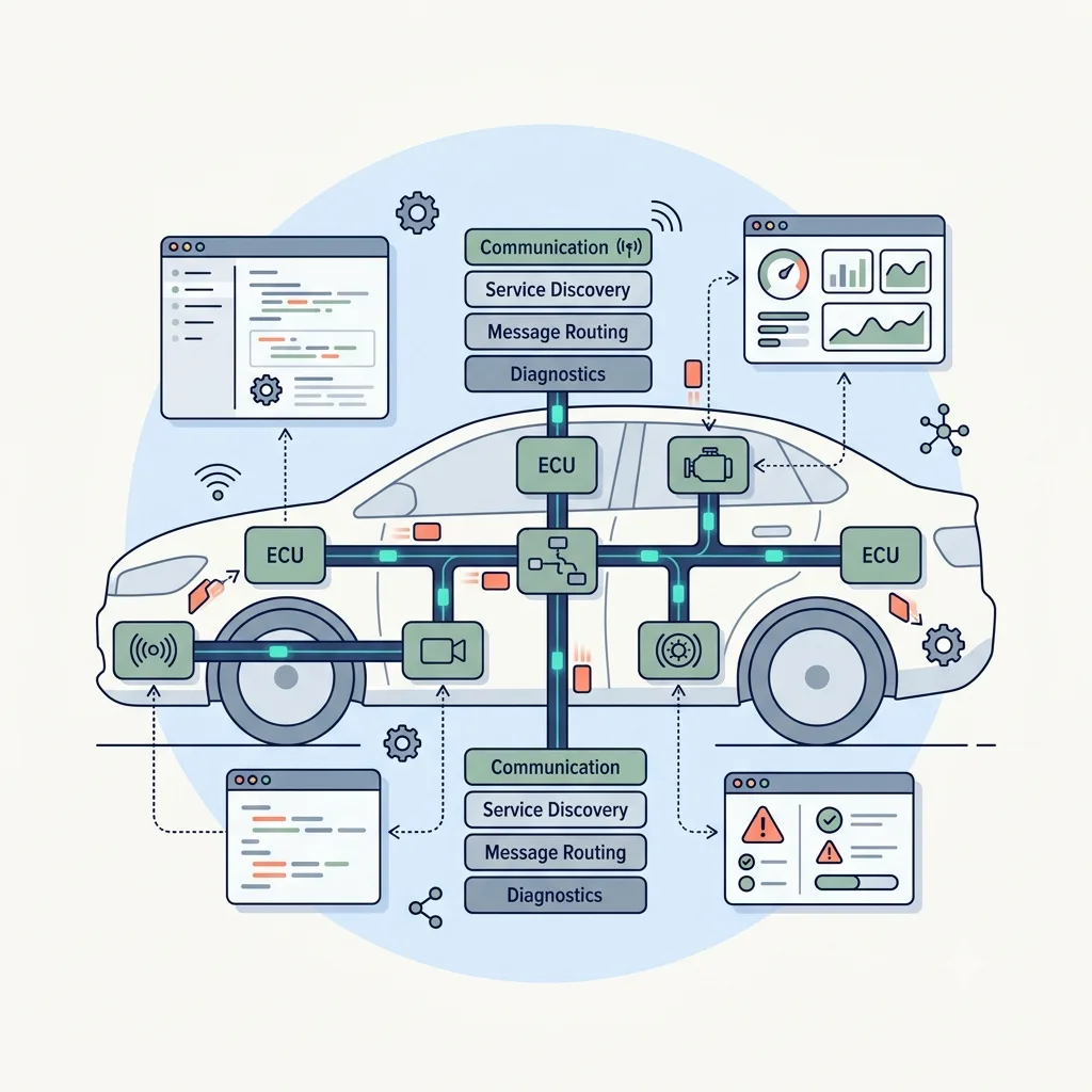 Vehicle network architecture with HPC, ECUs, Ethernet backbone and SOME/IP and DDS communication paths