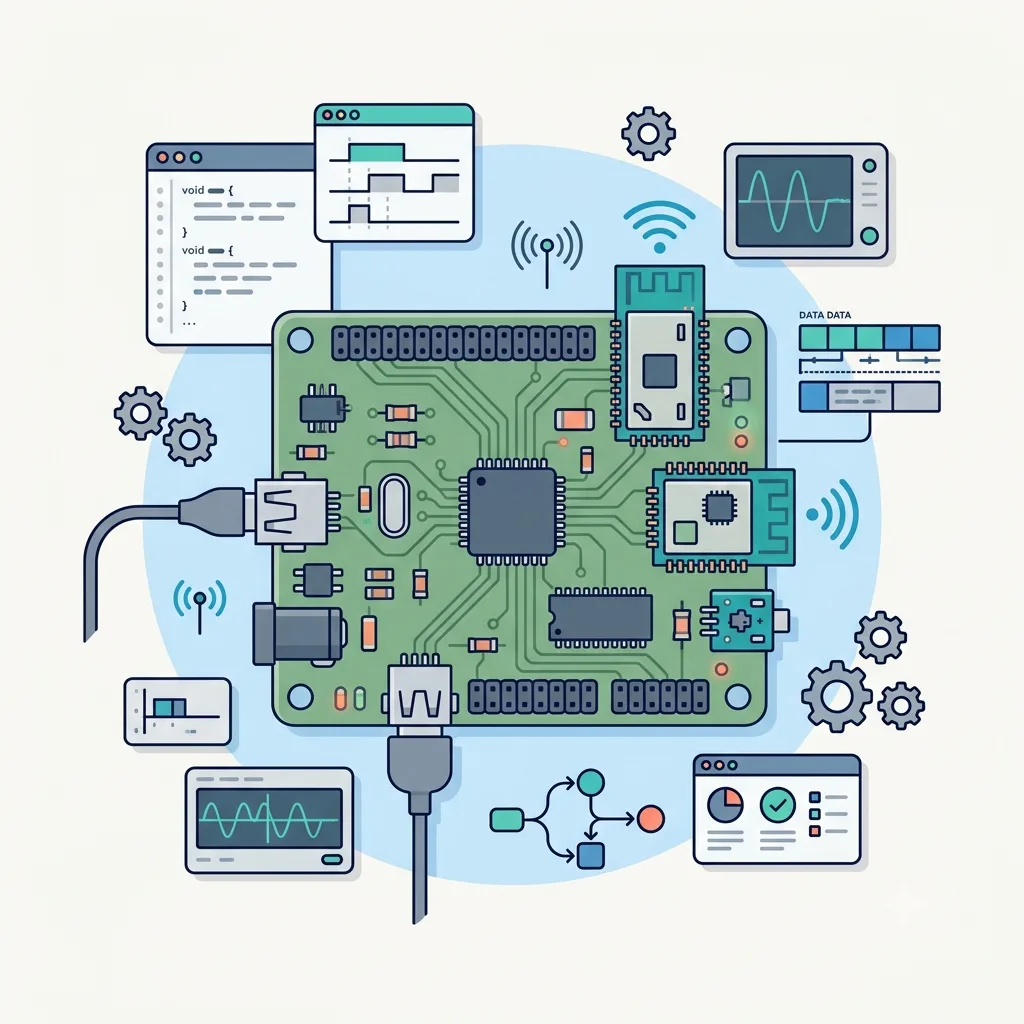 Embedded Linux hardware bench with embedded board, serial console kernel logs, oscilloscope and JTAG debugger